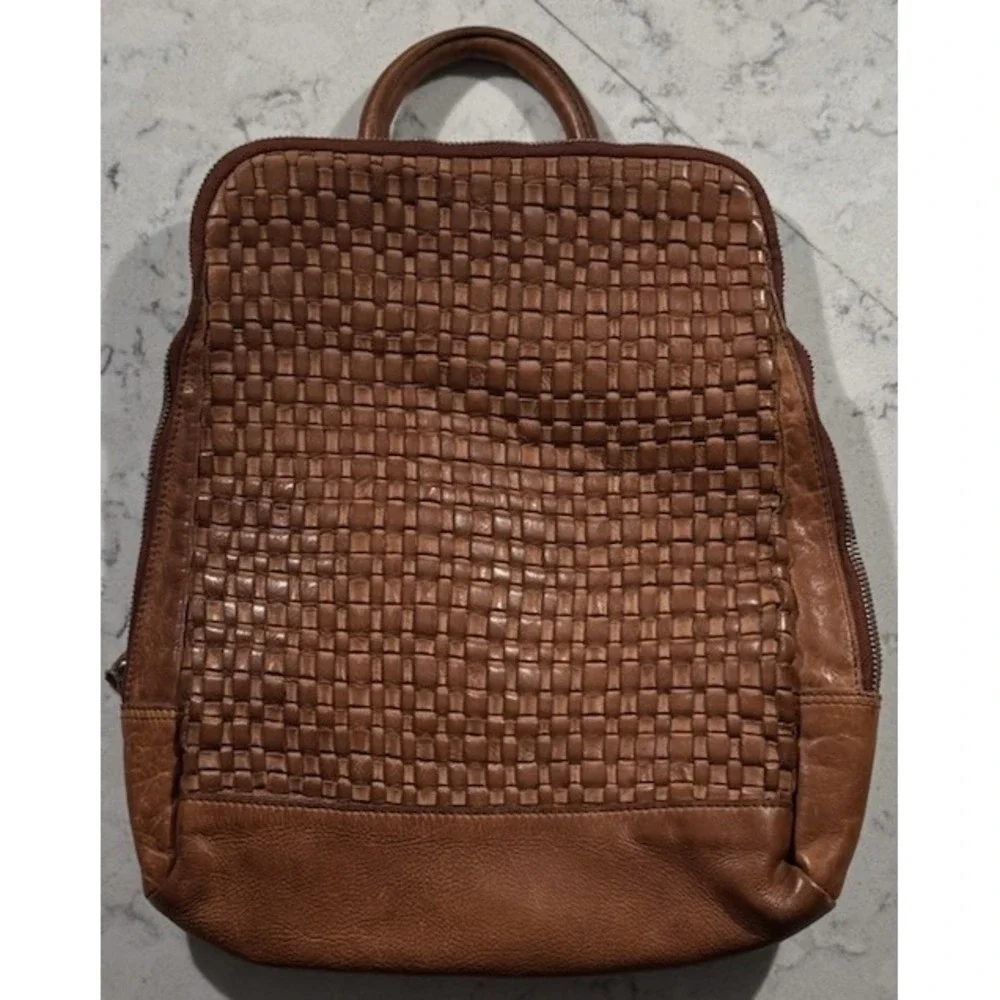 Vilenca Holland Emilia Woven Leather Backpack Cognac Brown Boho Anthropologie